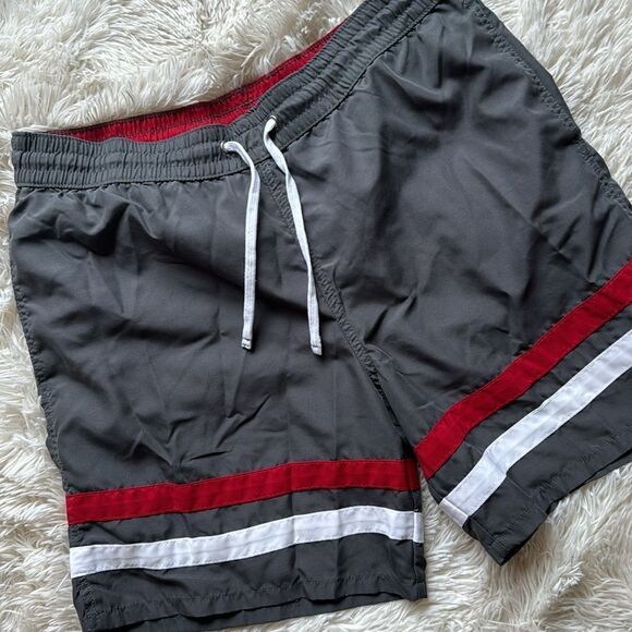 Merona Men’s Striped Bathing Suit Size Large Gray Red - Picture 2 of 4